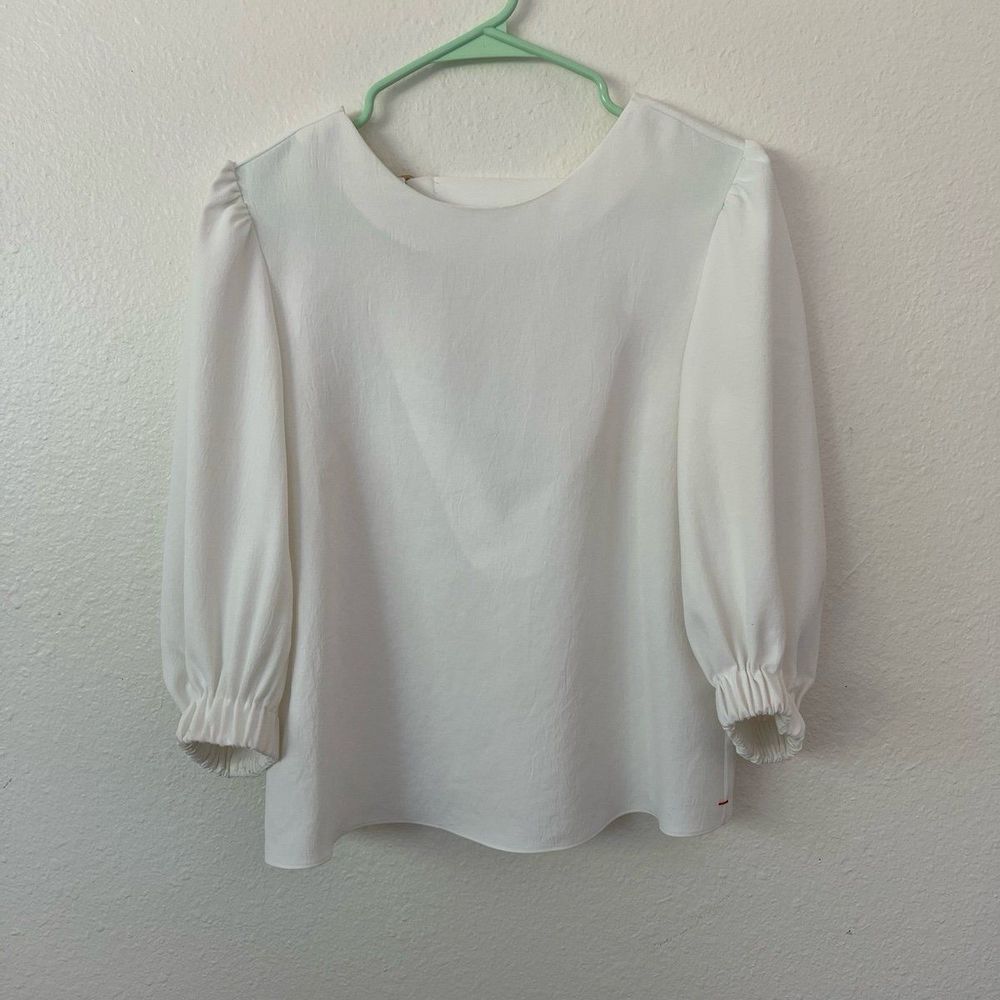 Tibi White Blouse Shirt 3/4 Puff Sleeve Partial Open Back Straps - Picture 3 of 11